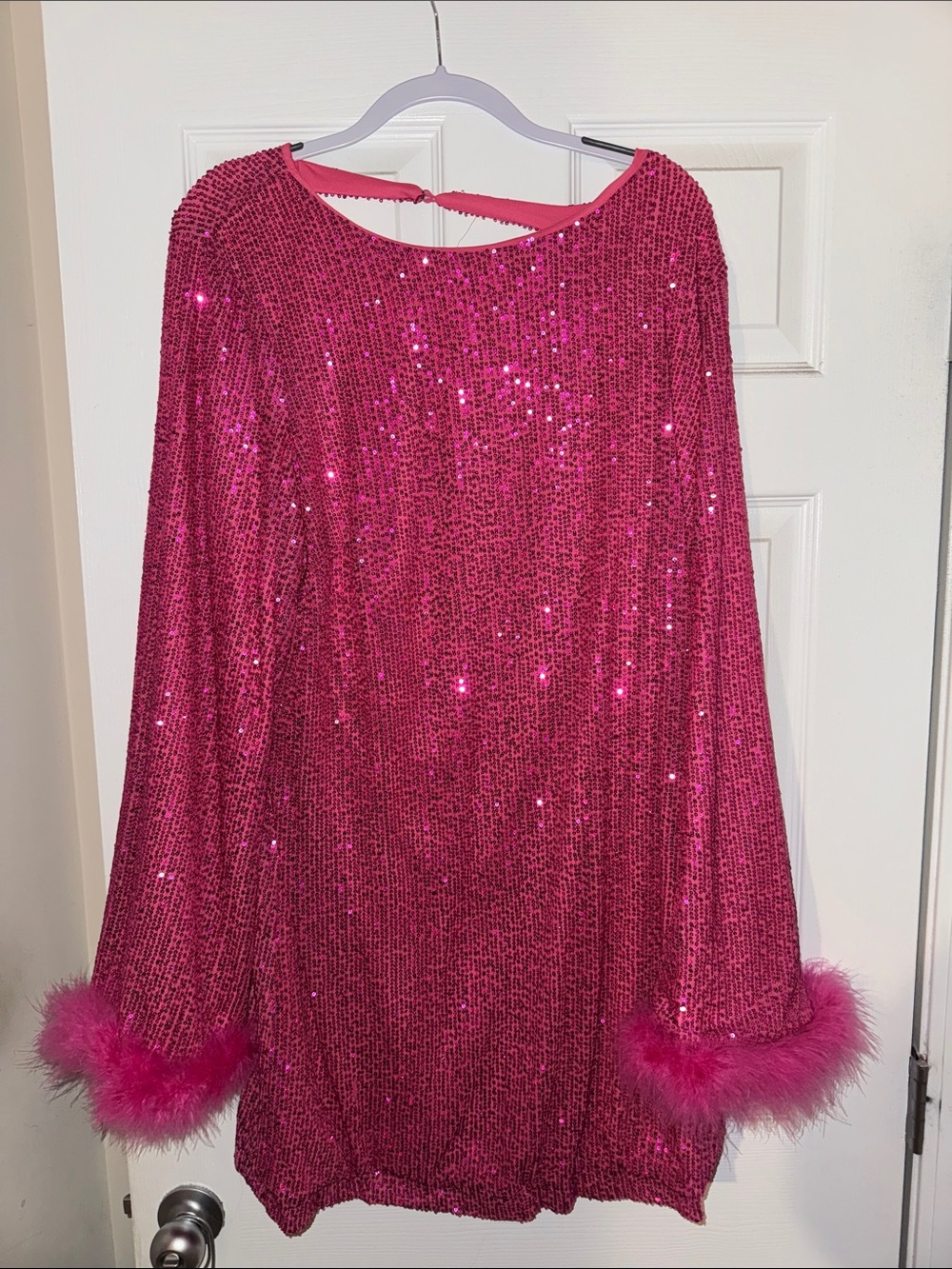 Forever 21 Hot Pink Sequin Long Sleeve Dress with Feather Cuffs